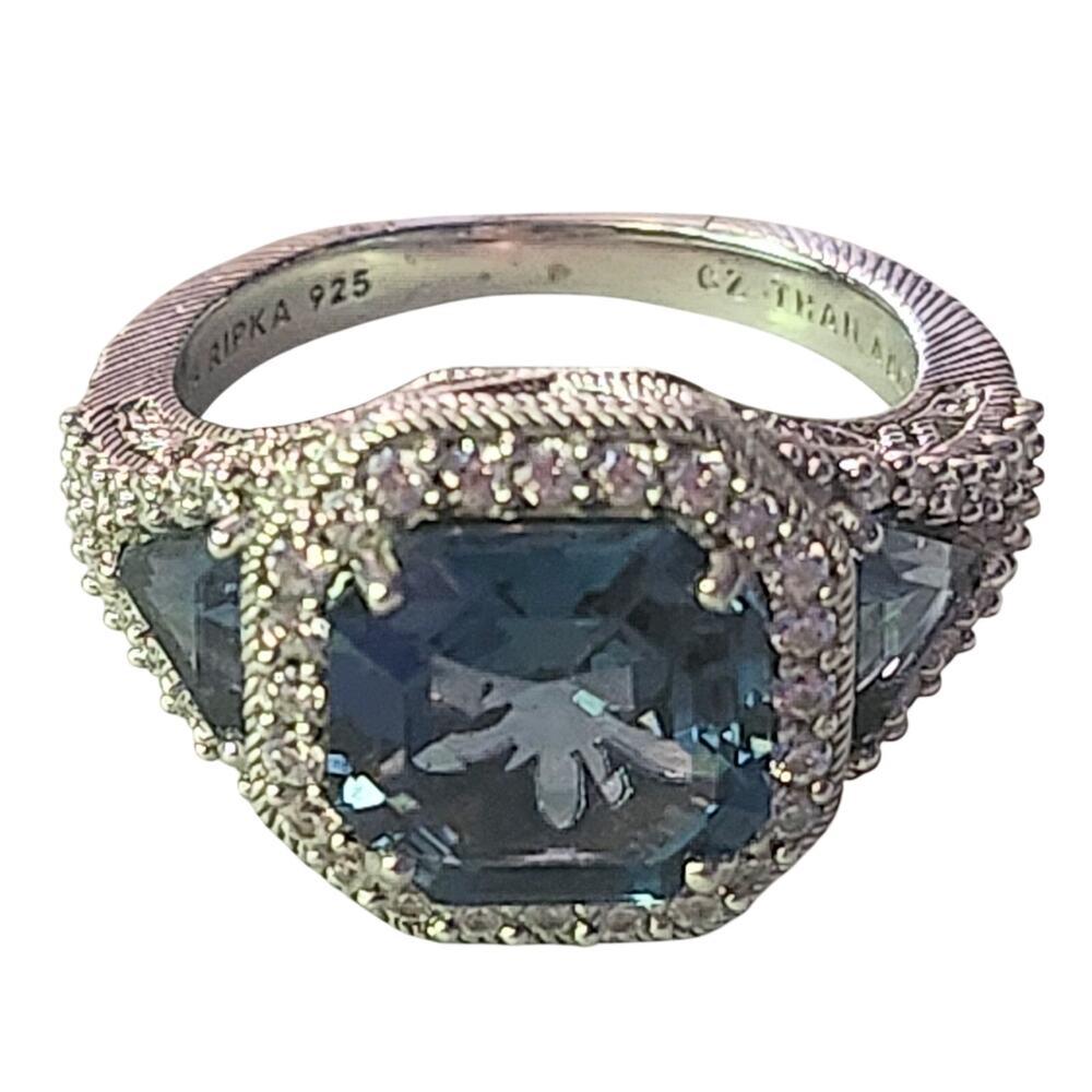 Judith Ripka 925 Sterling London Blue Topaz & CZ Halo Ring Size 8.5